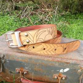 'MIAMI' : Men's engraved leather belt - Natural Color
