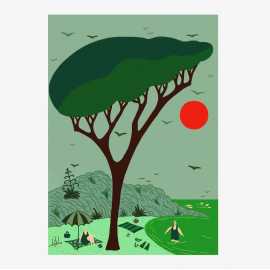 Composition verte au soleil rouge