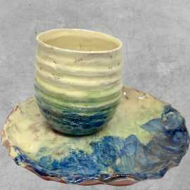 Cup without handle and matching saucer - blue